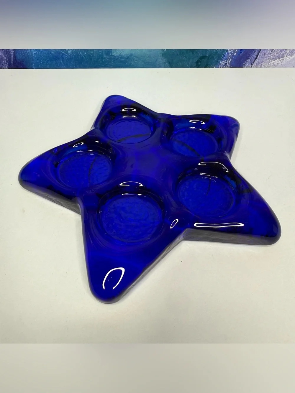Blue Glass Star Candle Holder 5 Tea Light or Pillar Candle Celestial Whimsigoth